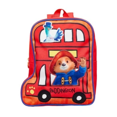 Image of The Adventures of Paddington Bear London Bus Backpack, Red/Orange/Blue Design, 30cm (H) x 25.5cm (W) 9.5cm (D), Adjustable Shoulder Straps &amp; Hanger for Storage, Face Rubber Zip Pull