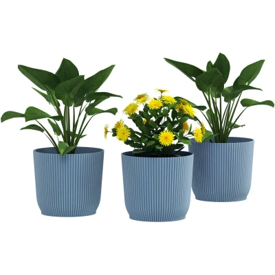 Image of Outsunny Set of 3 Plastic Round Plant Pots Outdoor 22cm, Garden Planters, Flower for Decoration, Patios, Indoor, Outdoor, Home, Blue