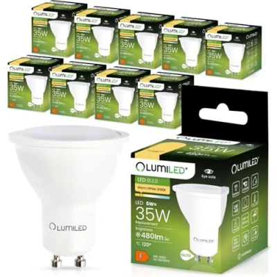 Image of LUMILED GU10 LED, 5 W 470 Lumen Bulb, 3000 K Warm White Bulb Spotlight, Replaces 50 Halogen Bulbs, 120 Beam Angle Reflector Lamps, Pack of 10
