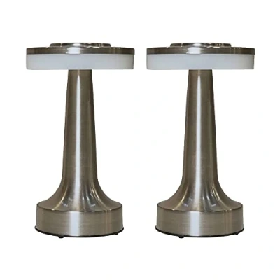 Image of MiniSun Set of 2 Contemporary Petite Wireless Portable Outdoor Garden Satin Nickel Dumbbell Touch Table Lamps with an Integrated Rechargeable LED Mood Light Indoor/Outdoor Use