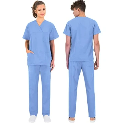 Image of B well Morelli 100% Cotton Scrubs Unisex Medical Uniforms &amp; Scrub Set of Top + Pants Nurses Uniform, lightblue, XXXL