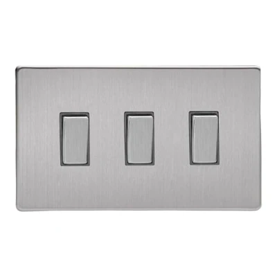 Image of Varilight 3 Gang 10A 1 or 2 Way Rocker Light Switch (Twin Plate) Brushed Steel XDS93S,86x147x25mm