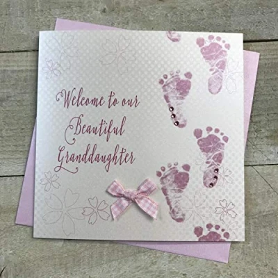 Image of Welcome to our Beautiful Granddaughter handmade Baby card Pink Footprints by WHITE COTTON CARDS WB268