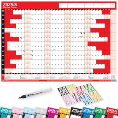 Image of 2025/26 Mid Year LAMINATED Academic Yearly Annual Office Home Wall Planner Calendar Chart With Pen And Stickers RED A1+ 62cm x 88cm (ROLLED)