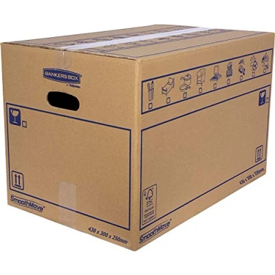 Image of Bankers Box 6208301 Pack of 10 Cardboard Boxes with Handles for Moving, Storage and Transport, Ultra Resistant, Reinforced Single Channel, 32 Litres, Brown, 43 x 30 25 cm