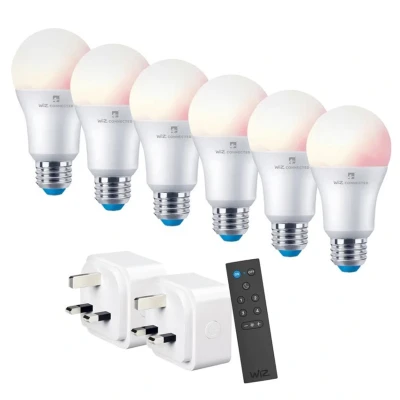 Image of 4Lite Wiz Connected Smart Lighting Starter Kit with 6 x E27 RGBW Bulbs, Remote &amp; 2 Plugs