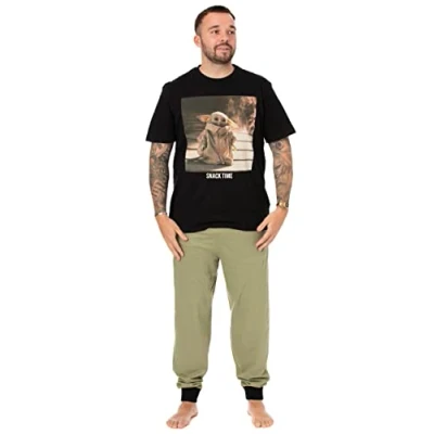 Image of Star Wars The Mandalorian Mens Pyjama Set Adults Black &amp; Khaki Loungewear T Shirt Pants PJ Bundle Baby Yoda Short Sleeve Tee Long Leg Bottoms Pajama Sci fi Nightwear Merchandise Gift for Him