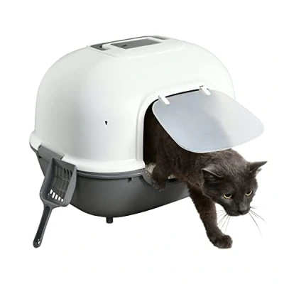Image of Iris Ohyama Cat Litter Box with Scoop, Up to 5kg, Gray, Front Entry, Tray, Enclosed, For Kitten, High Sided, Hooded, Detachable, Small, BPA Free, Deep, Easy Clean, WNT 510