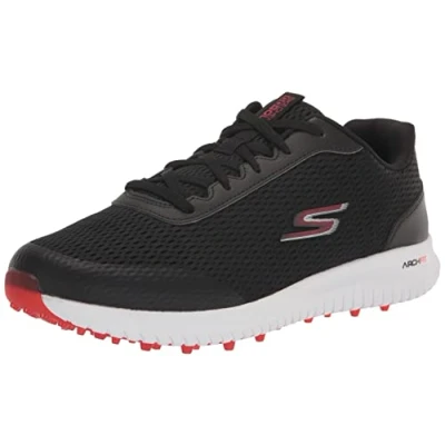 Image of Skechers Men&#039;s Elite 5 Range Relaxed Fit Waterproof Spikeless Golf Shoe Sneaker, Black Red, 8 UK