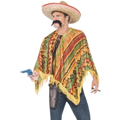 Image of Smiffys Poncho &amp; Moustache, Orange , Cowboys and Indians Fancy Dress, Western Dress Up Costumes