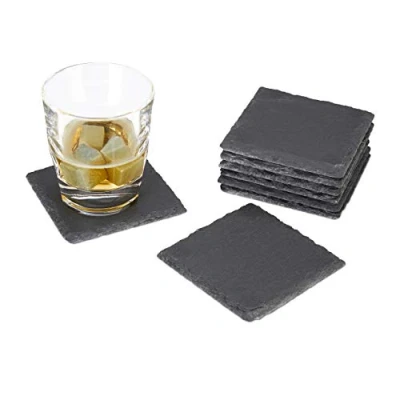 Image of Relaxdays Set of 8 Slate Coasters, Square 10x10 cm, Easy Care Coasters for Glasses, Grey