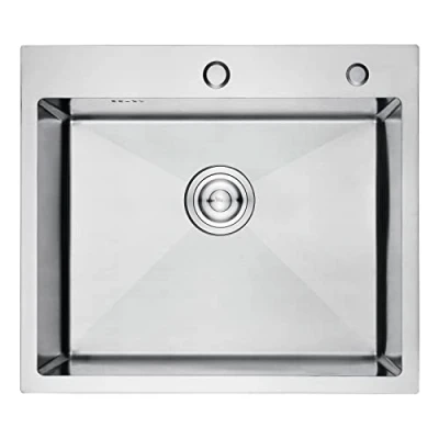 Image of Ibergrif M85545 Topmount Kitchen Utility Sink, 55 x 45cm, Stainless Steel Sink Drop in, Single Bowl Outdoor Campervan Composite with Drain Fittings, Soap Disp. Hole, Silver