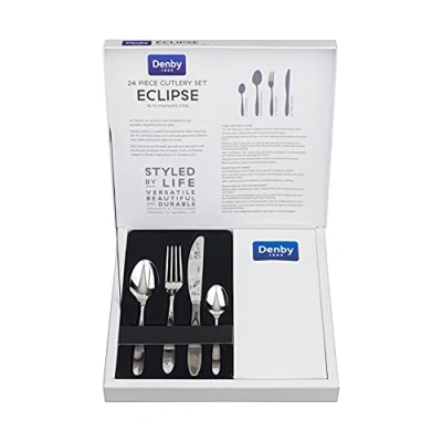Image of Denby Eclipse 24 Piece Stainless Steel Cutlery Set for 6 People Dishwasher Safe Tableware Kitchen Service Flatware with Fork, Table Knife, Dessert Spoon &amp; Teaspoon