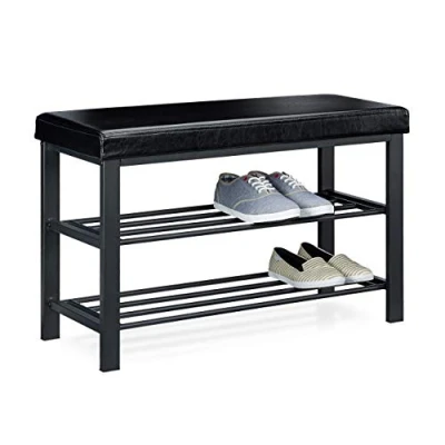 Image of Relaxdays Shoe Bench, 49 x 81 32 cm Open Shelves, Padded Seat W/Faux Leather Cover, For 6 8 Pairs, Backless, Black, Faux