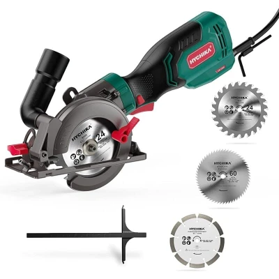Image of HYCHIKA Circular Saw, 750W 3500RPM Mini Saw with 3 Blades(115 and 125mm), Scale Ruler, Cutting Depth 48mm(90), 32mm(45), Compact for Plastic, Tile Soft Metal