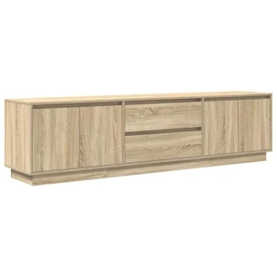 Image of vidaXL TV Cabinet LED Lights, Sonoma Oak, Modern Entertainment Console, Engineered Wood, 193.5x41x50 cm, Storage Furniture, 2 Drawers &amp; 4 Doors, Living Room