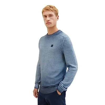 Image of TOM TAILOR Men&#039;s 1038203 Washed Look Knitted Cotton Sweater, 10668 sky Captain Blue, XXL