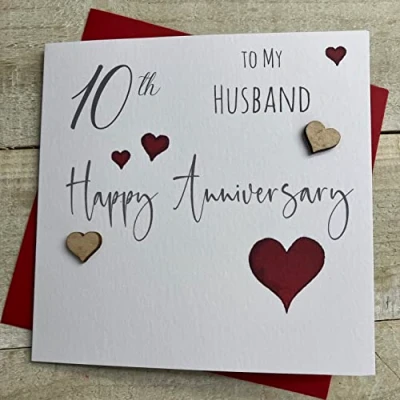 Image of White Cotton Cards HUSBAND 10th TIN ANNIVERSARY HEART CARD, HANDFINISHED (S108 H10)