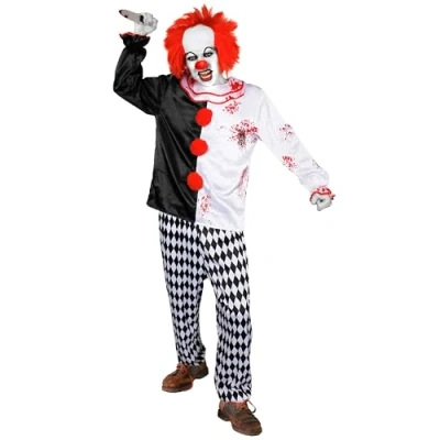 Image of Adults Halloween Scary Clown Costume Medium Black &amp; White Tunic, Harlequinn Print Trousers Horror Fancy Dress For