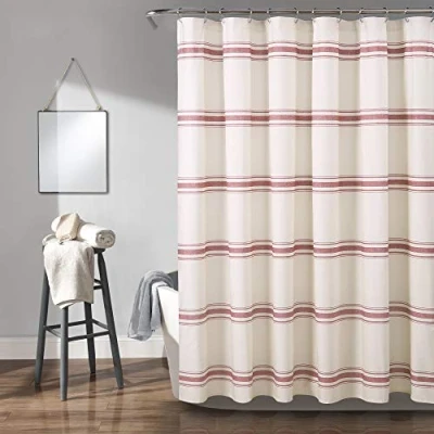 Image of Lush Decor Farmhouse Stripe Cotton Shower Curtain, 72&quot; W x L, Red Classic Modern Rustic Charm Bathroom