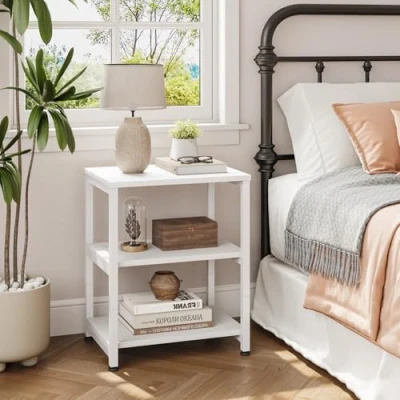 Image of Dripex White End Table, 3 Tier Narrow Nightstand, Bedside Table with Steel Frame, Slim Coffee Small Spaces, Storage Sofa Side for Living Room, Bedroom or Office