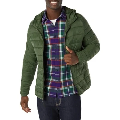 Image of Amazon Essentials Men&#039;s Lightweight Water Resistant Packable Hooded Puffer Jacket, Dark Olive, XL