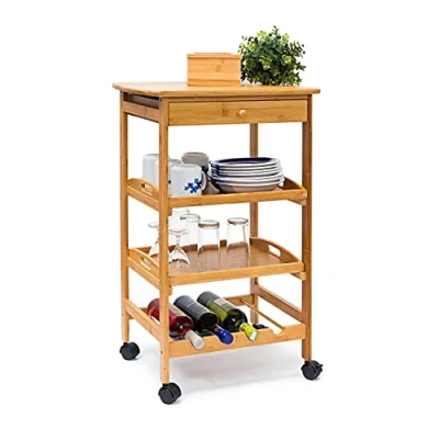 Image of Relaxdays James Kitchen Cart Size: Large, Bamboo: 80.5 x 50 37 cm Serving Rolling W/ Drawer &amp; 2 Trays Wooden Trolley Storage Space For Plates Wine Bottle Rack, Natural
