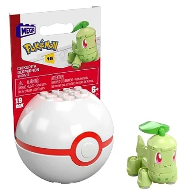 Image of Mega Pokemon Chikorita Building Set with 19 Compatible Bricks and Pieces Poke Ball, Toy Gift for Ages 6 up