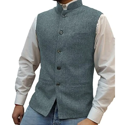 Image of Solovedress Mens Vintage Suit Vest Zhongshan High Collar Tweed Waistcoat for Men Groosmens (Light Navy Blue,S)