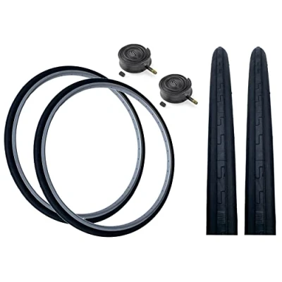 Image of PAIR Baldy&#039;s 27 x 1 1/4 BLACK Vintage Traditional Racing Bike Slick Road Tyres &amp; Schrader Valve Tubes