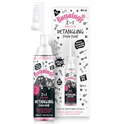 Image of Bugalugs Pet Detangler Foam Comb leave In conditioner Spray for de matting. No tangles. Professional Dog grooming formula with Wheat protein. knot removal (Baby Fresh)