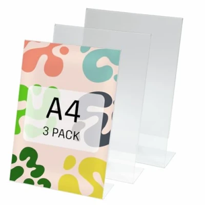 Image of Be!Board SY110 Sign Holder, slanted, for A4, single sided presentation, acrylic, clear, 3 Pieces