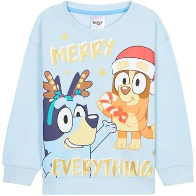 Image of Bluey Girls Christmas Sweatshirt, Crewneck Sweater Long Sleeves Cosy Xmas Jumper (Blue, 5 6 Years)