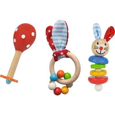 Image of Eichhorn 100017045 Greifling Contents: Maraca, Sound, Grasping Toy, Motif: Rabbit, 3 Piece, FSC 100%, Beech Wood, Hardwood, BSK 0 3m+ Made in Germany, Colourful