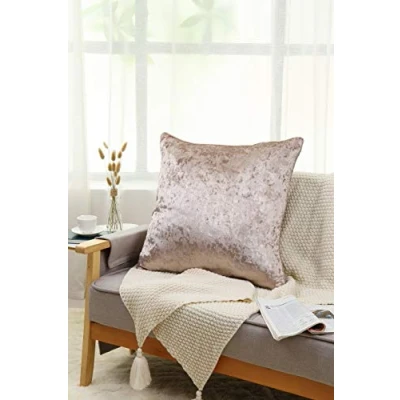 Image of 24inch Set of 2 Plain Crushed Velvet Cushion Cover with Filled Hollow Fiber Piped Edges Pillow Case Decorative Sofa Square Pillowcase for Home Garden Décor 60cm x (Pack 2) (Mink)