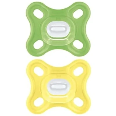 Image of MAM Comfort All Silicone Soothers 0 3 Months (Pack of 2), Soft and Light Newborn Soother, Premature Essentials, with Self Sterilising Travel Case, Green /Yellow