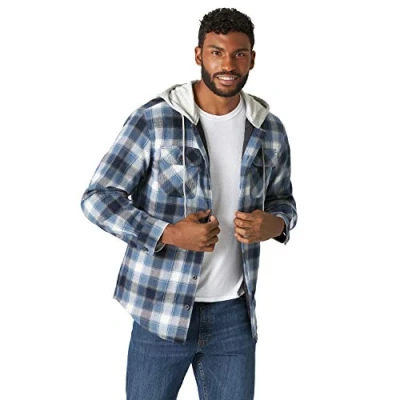 Image of Wrangler Authentics Men&#039;s Long Sleeve Quilted Lined Flannel Jacket With Hood Button Down Shirt, Blue/Black, L UK