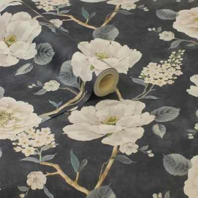 Image of Ashley Floral Navy Wallpaper Flowers Rose Leaves Naturistic Classic Traditional Stylish Feature Wall