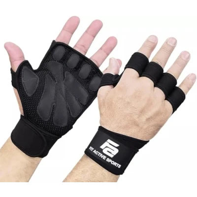 Image of Fit Active Sports New Ventilated Weight Lifting Gloves with Built In Wrist Wraps, Full Palm Protection &amp; Extra Grip. Workout Grips for Pull Ups, Cross Training, Fitness, Weightlifting. Men Women
