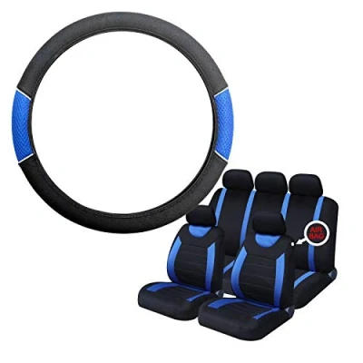Image of UKB4C Blue &amp; Black Steering Wheel Seat Cover set for Honda Jazz All Years