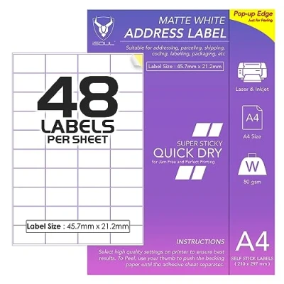 Image of 48 Labels Per A4 Sheet, 50 Sheets 2400 Sticky Label, Printable Sticker Paper, iSOUL Matte Self Adhesive Address Mailing, Shipping, Postage, Laser &amp; Inkjet Printer Compatible [Quickdry]