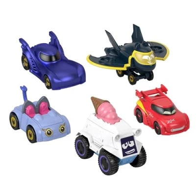 Image of Fisher Price DC Batwheels 1:55 Scale Toy Cars 5 pack, Bam Batmobile Redbird Kitty Snowy &amp; Batwing, Batcast Metal Diecast Vehicles, Ages 3+, HML20