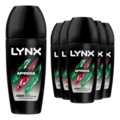 Image of Lynx Africa Roll On 48 Hours Anti Sweat Faster Drying Perspirant with Long Lasting and Odour Protection Travel Size Deodorant for Men All Skin Types, 50ml Pack of 6