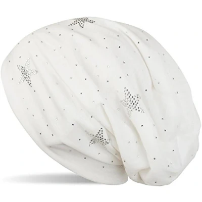 Image of styleBREAKER Beanie hat with Rhinestone Stars and All Over Rhinestones, Slouch Long Beanie, Women 04024116, Colour:White