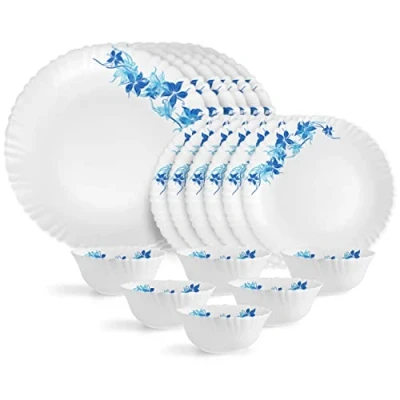 Image of Cello Opalware Dazzle Series Blue Swirl Dinner Set, 18 Units Opal Glass Set for 6 Light Weight, Daily Use Crockery Dining White Plate and Bowl