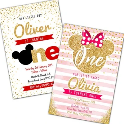 Image of Mickey Minnie Invitations &amp; Envelopes Glitter theme (personalised) click customize for pricing