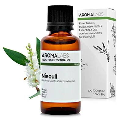 Image of Aroma Labs Niaouli Essential Oil Ecocert Organic Certification 100% Pure, Natural, Uncut Guaranteed Chemotype and Biochemical Composition Eco Friendly Packaging Made in France 30ml