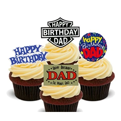 Image of Made4You Happy Birthday Dad Edible Cupcake Toppers Stand up Wafer Cake Decorations (Pack of 24)