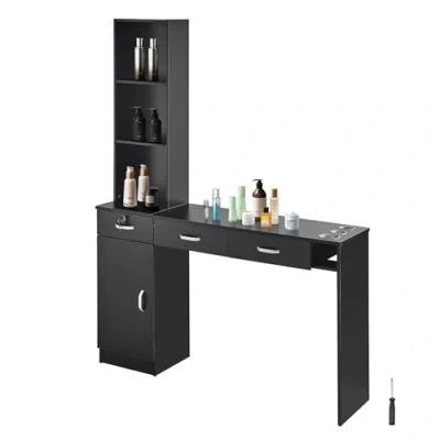 Image of VEVOR Salon Station, Wall Mount Barber Station for Hair Stylist, Beauty Spa Furniture Set, 1 Storage Cabinet, 3 Open Cubbies and Drawers(One Lockable), Black