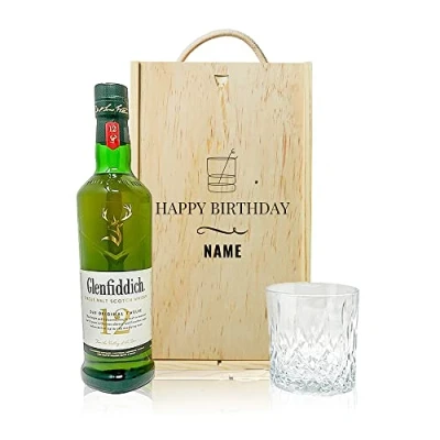 Image of Personalised Glenfiddich 12 Year Single Malt Scotch Whisky Happy Birthday Gift Set with Glass Gifts For Him, Her, Christmas, Birthday&#039;s, Father&#039;s Day, Mother&#039;s Day